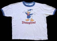 画像2: 80s USA製 Disneyディズニー Disneylandディズニーランド ドナルドダック ショート丈 コットン リンガーTシャツ 白×青 XL (2)