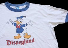 画像1: 80s USA製 Disneyディズニー Disneylandディズニーランド ドナルドダック ショート丈 コットン リンガーTシャツ 白×青 XL (1)