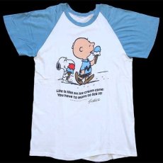 画像2: 80s スヌーピー チャーリーブラウン アイスクリーム 染み込みプリント コットン ラグランTシャツ 白×青 (2)