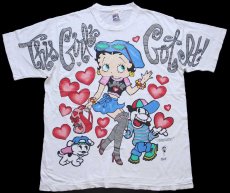 画像1: 90s USA製 BETTY BOOP ベティ ブープ This Girl's Got It! ハート 染み込み×ラメプリント コットンTシャツ ボロ 白 XL (1)