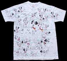 画像1: 90s USA製 Disneyディズニー 101匹わんちゃん 染み込み オールオーバープリント コットンTシャツ 白 (1)