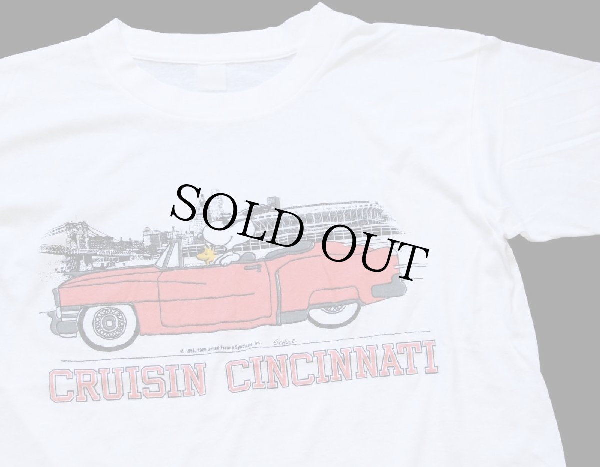 画像1: 80s スヌーピー ウッドストック ピンク キャデラック CRUISIN CINCINNATI Tシャツ 白 (1)