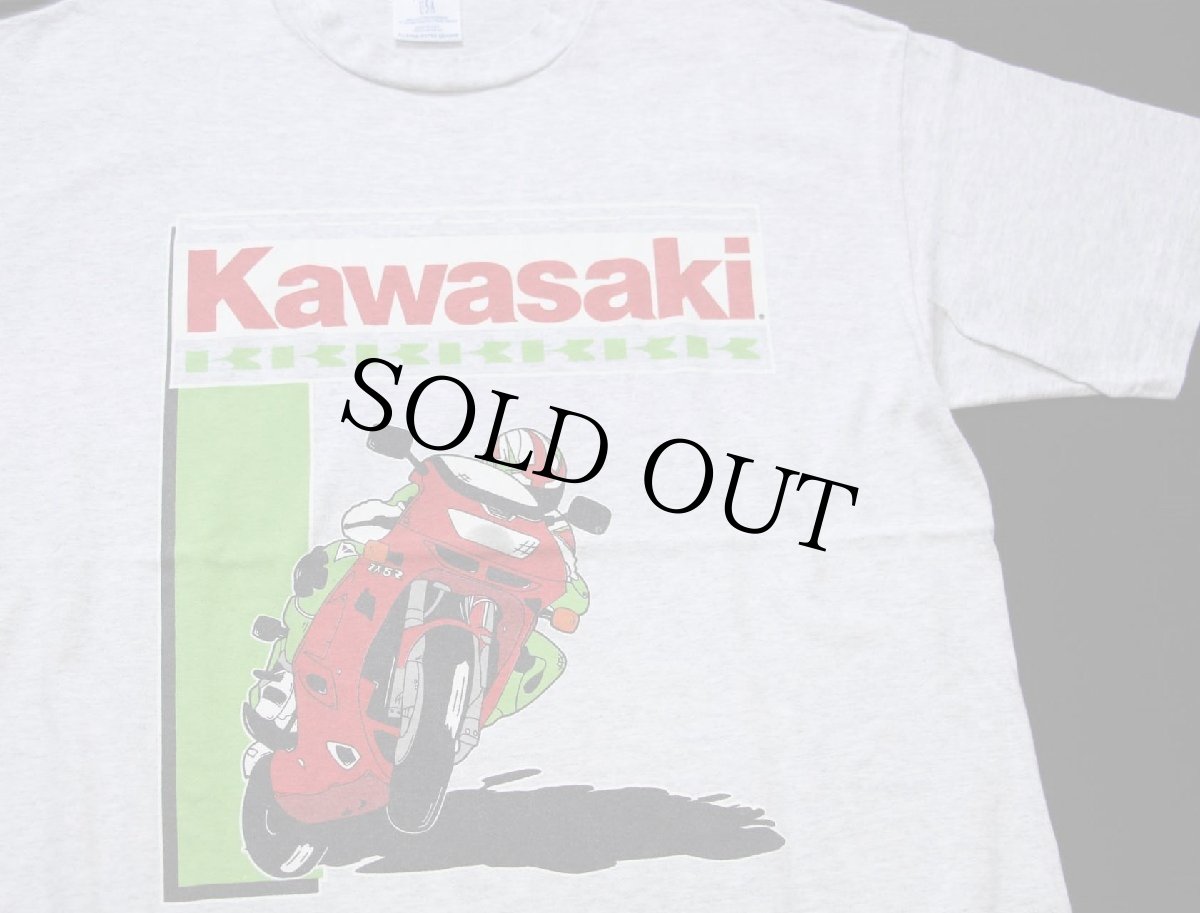 画像1: 90s USA製 Kawasakiカワサキ ロゴ バイク コットンTシャツ 杢ライトグレー XL (1)