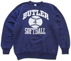 画像1: 80s USA製 BUTLER 4 SOFTBALL 三段中抜き ひび割れプリント スウェット 紺 L (1)