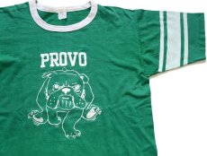 画像1: 70s PROVO ブルドッグ 両面プリント コットン フットボールTシャツ 緑 フェード L (1)