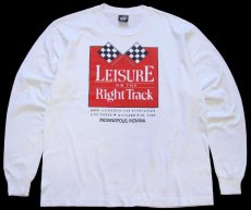 画像1: 90s USA製 LEISURE ON THE Right Track INDIANPOLIS,INDIANA チェッカーフラッグ 長袖Tシャツ 白 XL (1)