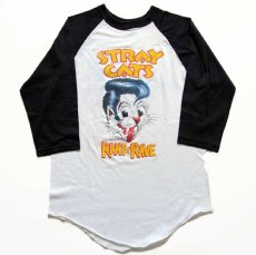 画像2: 80s USA製 STRAY CATS ストレイキャッツ 両面プリント 七分袖 ラグラン バンドTシャツ 白×黒 M (2)