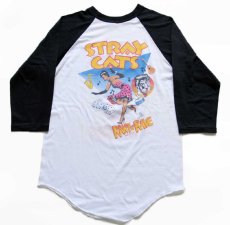 画像1: 80s USA製 STRAY CATS ストレイキャッツ 両面プリント 七分袖 ラグラン バンドTシャツ 白×黒 M (1)