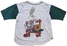 画像2: 90s WARNER BROS LOONEY TUNES バッグスバニー 両面プリント ツートン 切り替え コットン ベースボールシャツ 杢グレー×濃緑 XL (2)