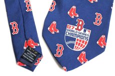 画像5: 00s MLB BOSTON RED SOX 07 WORLD SERIES CAMPIONS ロゴ 総柄 シルク ネクタイ ネイビー (5)