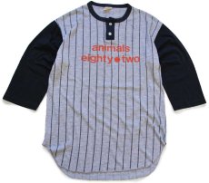 画像1: 80s animals eighty two ストライプ ツートン ヘンリーネック 七分袖Tシャツ 杢グレー×黒 L (1)