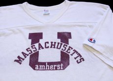 画像1: 80s USA製 Championチャンピオン MASSACHUSETTS Vネック コットン×ナイロン フットボールTシャツ 白 XL (1)