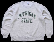 画像1: 90s USA製 RUSSELLラッセル MICHIGAN STATE 胸&袖プリント 前V スウェット 杢ライトグレー XXL★特大 (1)