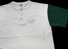 画像1: 90s USA製 ELK CAMP STAFF Rocky Mountain Elk Foundation ツートン ヘンリーネック コットンTシャツ 生成り×緑 XL (1)