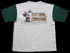 画像3: 90s USA製 ELK CAMP STAFF Rocky Mountain Elk Foundation ツートン ヘンリーネック コットンTシャツ 生成り×緑 XL (3)