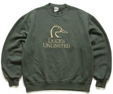 画像1: 90s USA製 DUCKS UNLIMITED ロゴ刺繍 スウェット グリーン M (1)