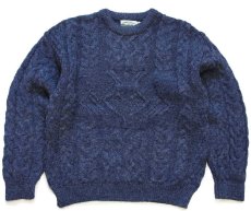 画像1: アイルランド製 aran crafts ケーブル編み ウールニット セーター 薄紺 ミックス M★フィッシャーマン (1)