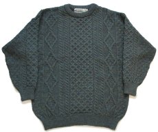 画像1: アイルランド製 aran crafts ケーブル編み ウールニット セーター 緑 ミックス XL★フィッシャーマン (1)