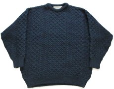 画像1: アイルランド製 aran crafts ケーブル編み ウールニット セーター 緑×ナス紺ミックス XXL★特大 フィッシャーマン (1)