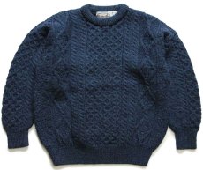 画像1: アイルランド製 aran crafts ケーブル編み ウールニット セーター 緑×ナス紺 ミックス M★フィッシャーマン (1)