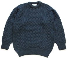 画像1: アイルランド製 aran crafts ケーブル編み ウールニット セーター 緑×ナス紺 ミックス S★フィッシャーマン (1)