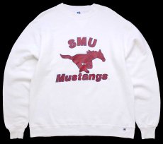 画像1: 80s USA製 RUSSELLラッセル SMU Mustangs ホース 前V スウェット 白 L (1)