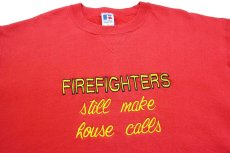 画像3: 90s USA製 RUSSELLラッセル FIREFIGHTERS still make house calls 刺繍 前V スウェット 赤 L (3)