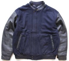 画像1: 00s カナダ製 NORTH END ALL CLIMATE WEAR スタンドカラー キルティングライナー メルトン ウール混 袖革スタジャン 紺 XL (1)