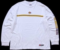 画像1: 90s USA製 NIKEナイキ NBA LOS ANGELES LAKERS レイカーズ パッチ&袖プリント コットン 長袖Tシャツ 白 L (1)