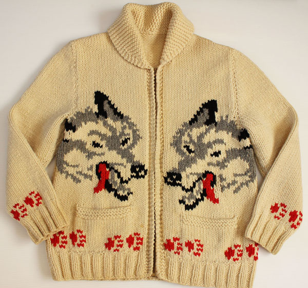 れなし 【個性派古着】芸術 圧巻のウルフ柄 狼柄 手編み 肉厚 カウチンニット セーター のサイズ
