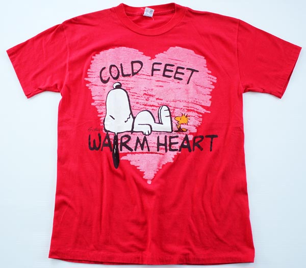 80s USA製 ARTEX スヌーピー COLD FEET WARM HEART Tシャツ 赤 M