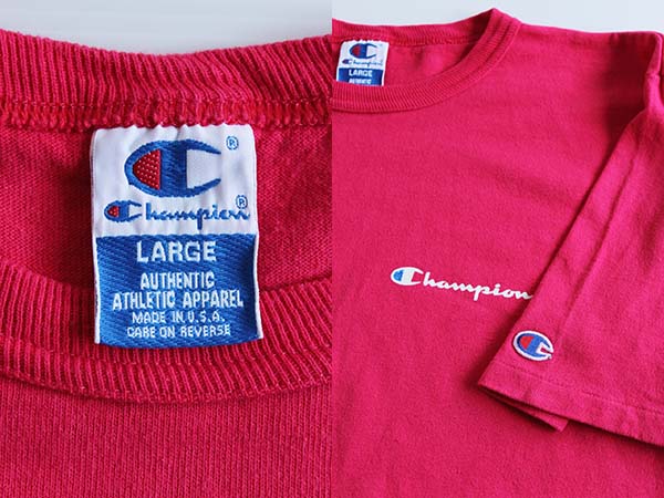 90s USA製 Championチャンピオン ワンポイント スクリプト ロゴ コットンTシャツ ピンク L
