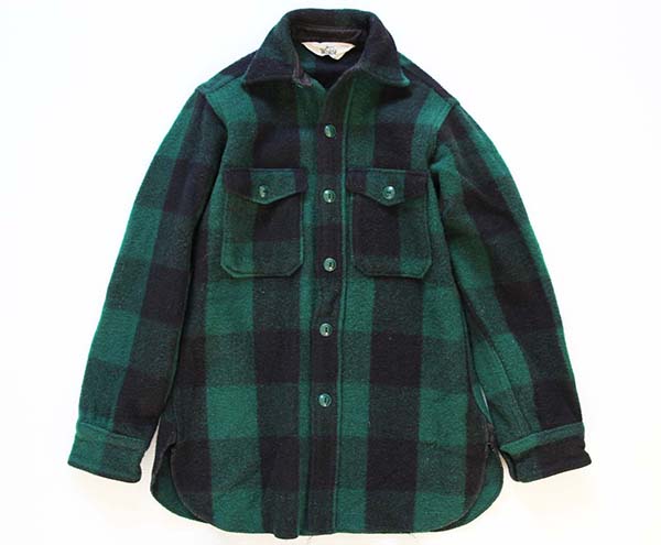 70s Woolrichウールリッチ バッファローチェック ウール シャツジャケット 緑×黒 14