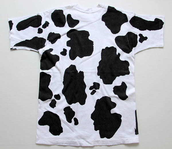 90s USA製 牛柄 オールオーバープリント コットンTシャツ 白x黒 M 