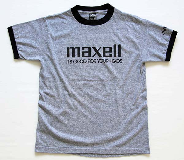 80s USA製 maxellマクセル ロゴ 染み込みプリント リンガーTシャツ 杢