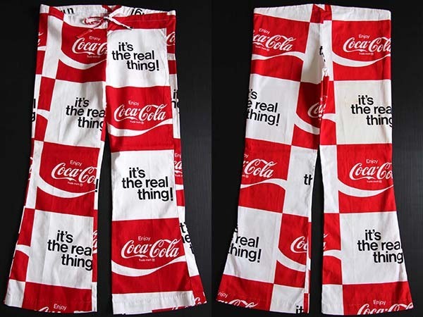 70s Coca-Colaコカコーラ ロゴ 総柄 染み込みプリント コットンパンツ 