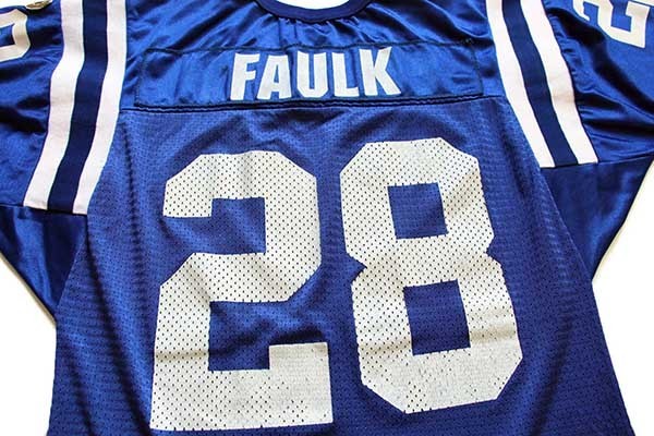 90s USA製 Wilson NFL COLTS FAULK 28 ナンバリング ナイロン メッシュ フットボール ゲームシャツ 青 M