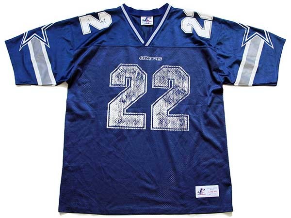 90s USA製 NFL COWBOYS E.SMITH 22 ナンバリング ナイロン メッシュ フットボール ゲームシャツ 紺 L