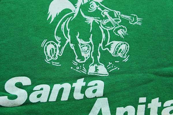 70s ARTEX Santa Anita 馬 両面 フロッキープリント 半袖スウェット 緑