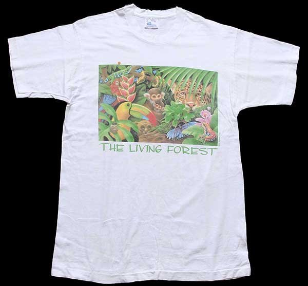 90s USA製 THE LIVING FOREST アニマル アート コットンTシャツ 白 L ...