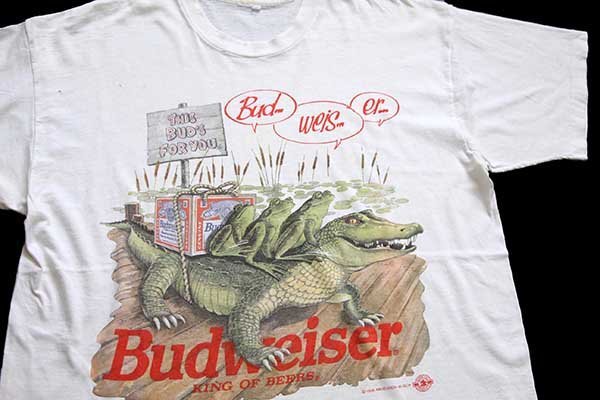 90s Budweiserバドワイザー ワニ カエル Tシャツ ボロ 白 - Sixpacjoe