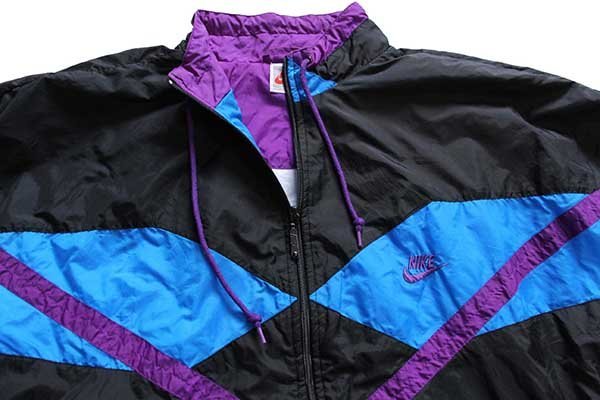 90s NIKEナイキ ロゴ刺繍 モックネック マルチカラー 切り替え ナイロンジャケット 黒×青×紫 L