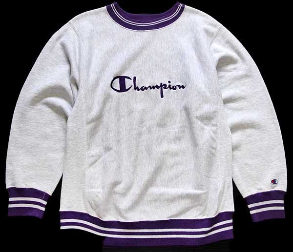 90s USA製 Championチャンピオン スクリプト ビッグロゴ刺繍 リブライン リバースウィーブ スウェット 杢グレー×紫 M★79