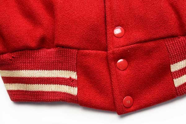 60s USA製 DEERFOOT パッチ付き メルトン ウール 袖革スタジャン 赤×黒