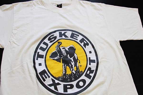 ケニア製 TUSKER EXPORT ゾウ 両面プリント コットンTシャツ 生成り M