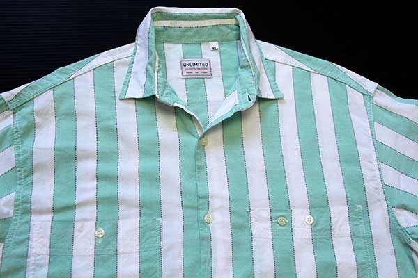 80s イタリア製 UNLIMITED ステッチ ストライプ コットンシャツ 薄緑
