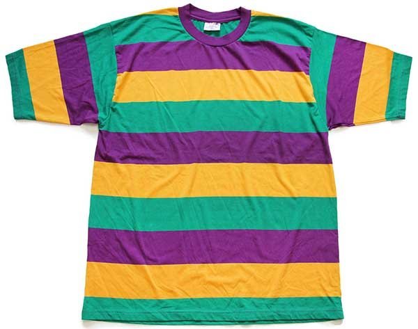 90s IMPORTED BY KAPLIN INC マルチ太ボーダー Tシャツ 紫×黄×緑 XL 