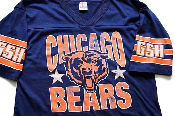 80s USA製 NFL CHICAGO BEARS ビッグロゴ ひび割れプリント Vネック