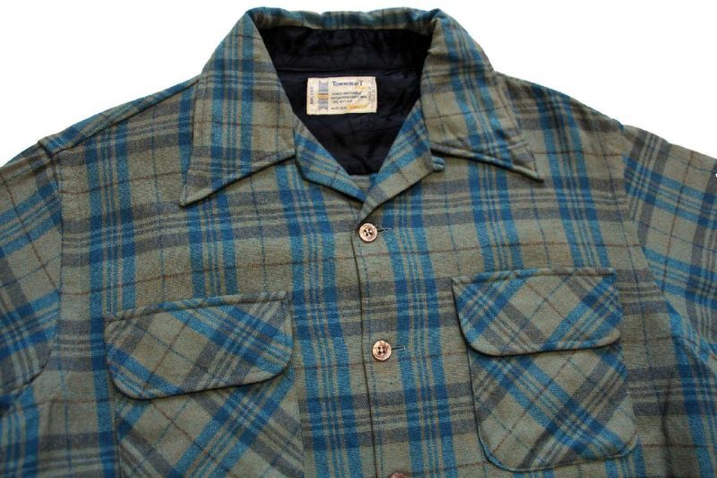 70s Penneys TOWNCRAFT タータンチェック ウール オープンカラーシャツ