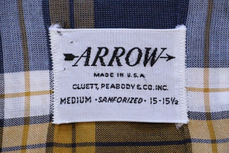 60s USA製 ARROW チェック コットン オープンカラーシャツ M 